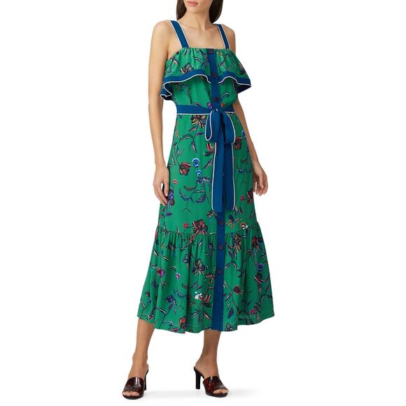 DEREK LAM Green Floral 100% Silk Ruffled Popover Cami Style Midi Dress Size 2 - Picture 1 of 15